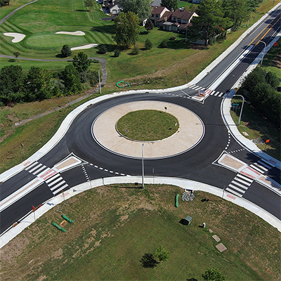 Aerial view of roundabout in at kenton road and chestnut grove road. 