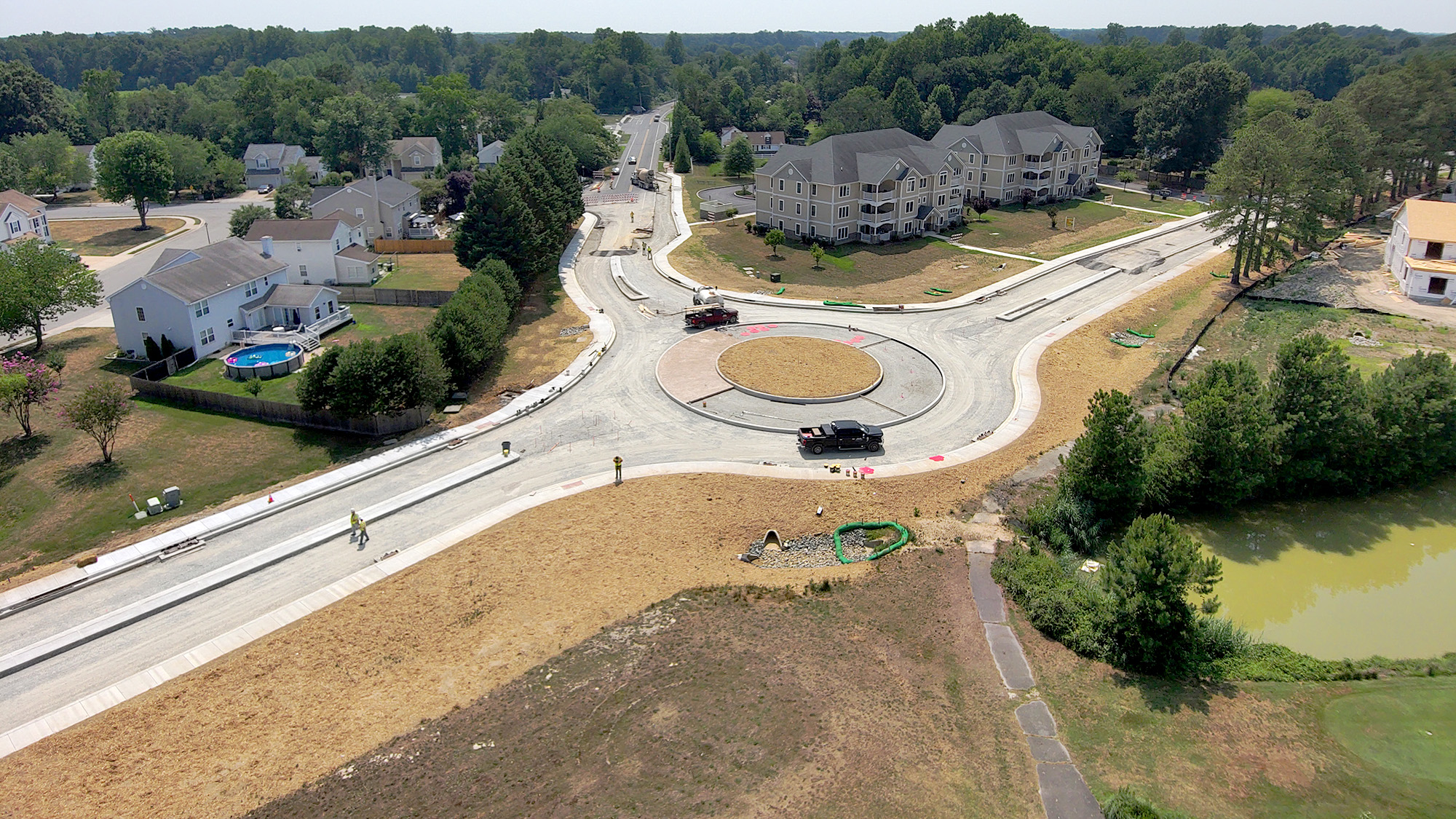 Aerial view of roundabout in at kenton road and chestnut grove road. 